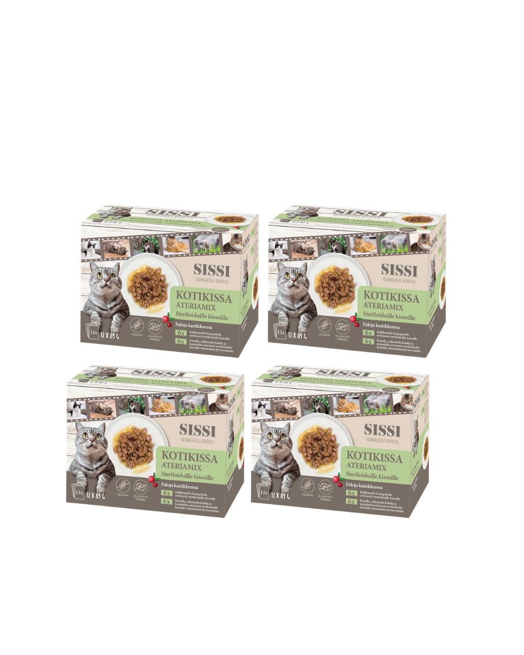 4x Kotikissa Sissi Ateriamix Steriloiduille kissoille, paloja kastikkeessa 12 x 85 g