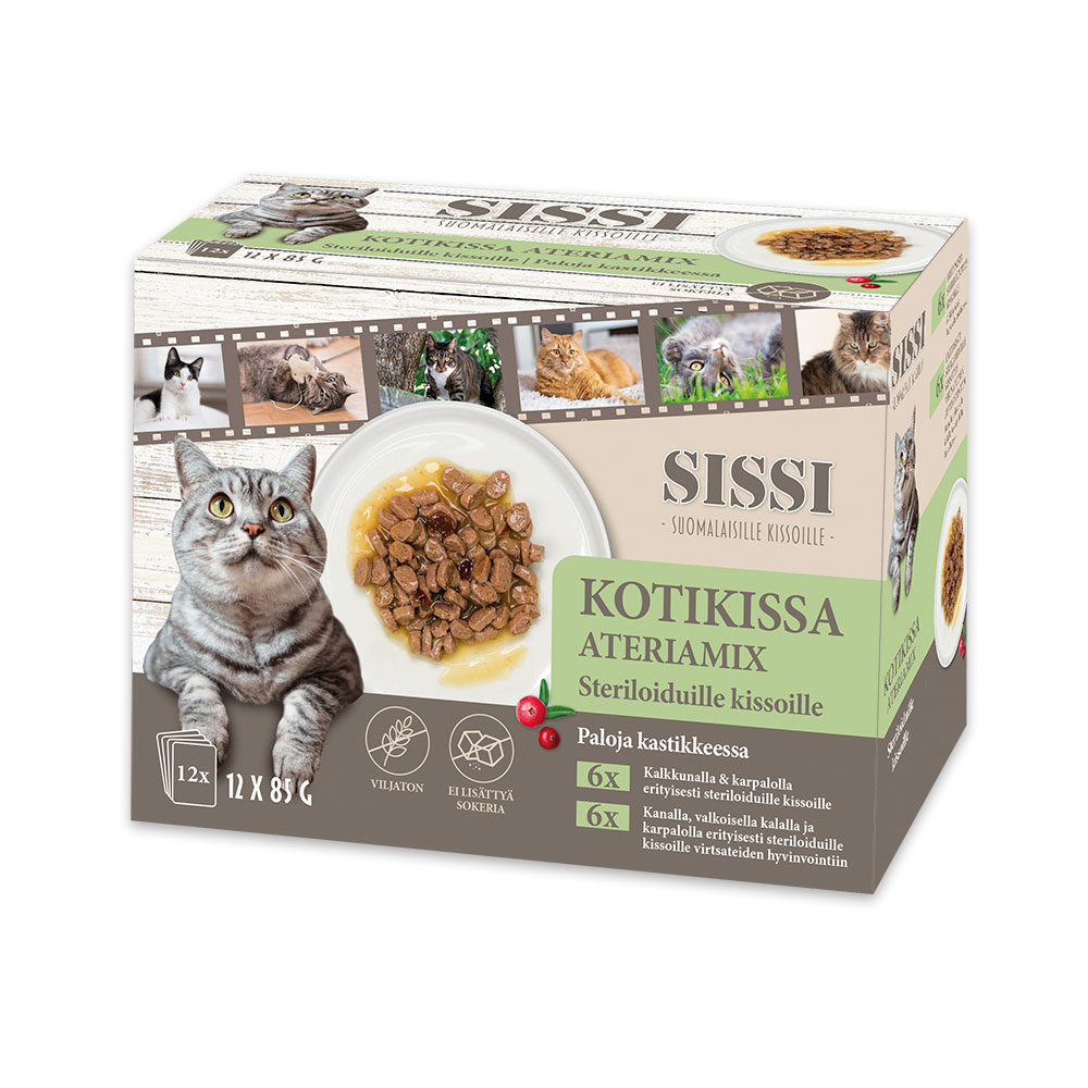 Kotikissa Sissi Ateriamix Steriloiduille kissoille, paloja kastikkeessa 12 x 85 g